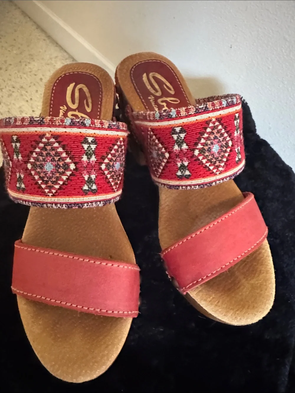 Sbicca Vintage Collection Red Embroidered Platform Mules with Stud Accents